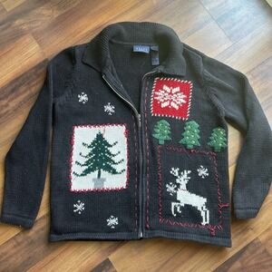 Crazy Horse Women's Black Christmas Tree Reindeer Snowflake Zip Up Sweater L‎